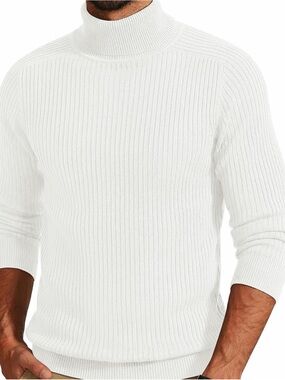 Men's White Ribbed Turtleneck Sweater